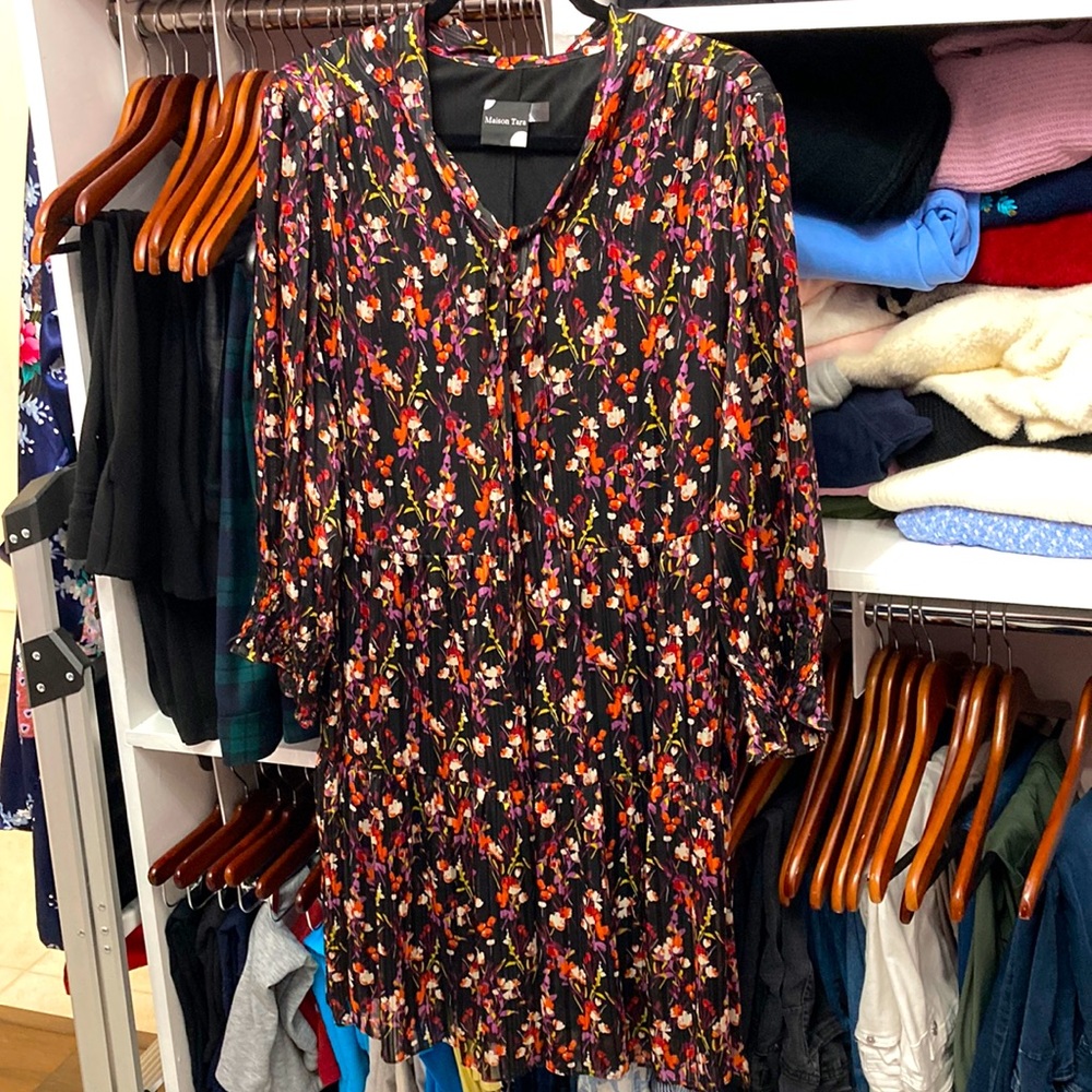 Maison Tara Black and Orange Print Mod Dress 16